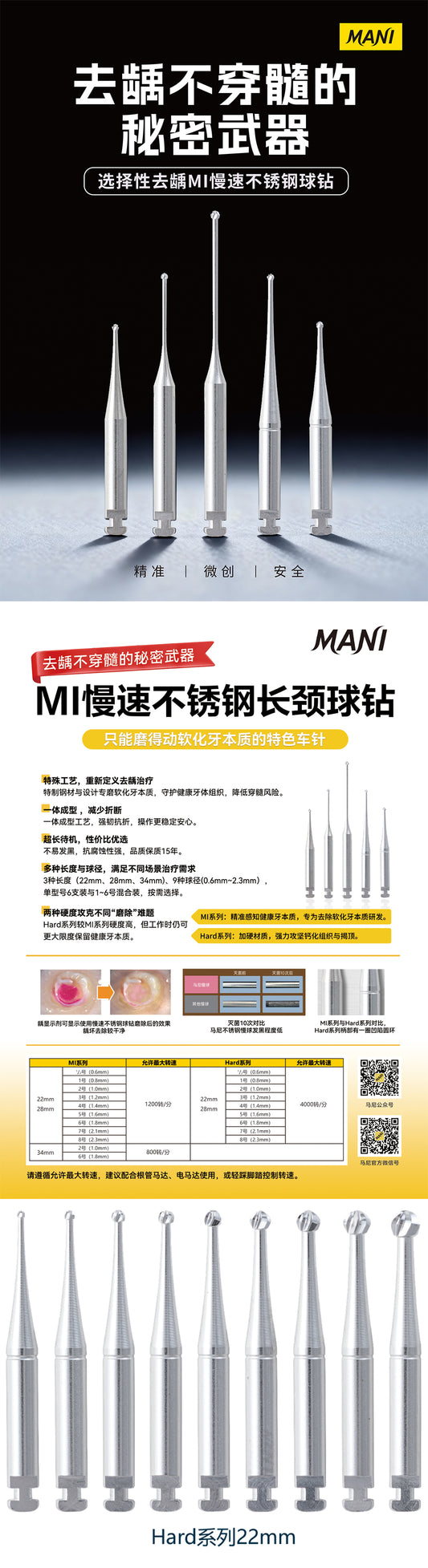 马尼/MANI 牙科修整用不锈钢车针/Stainless Burs HARD22mm /6支/盒 #1
